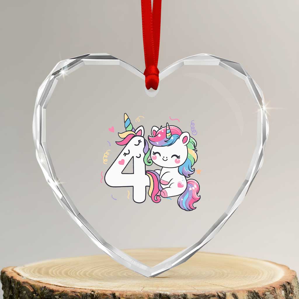 Unicorn 4th Birthday Heart Crystal Glass Ornament 4 Years Old Birthday Outfit