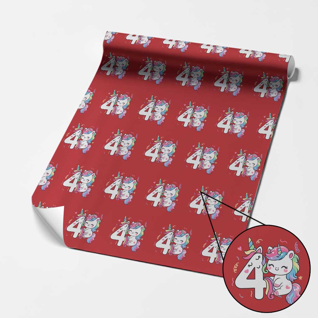 Unicorn 4th Birthday Wrapping Paper Roll 4 Years Old Birthday Outfit