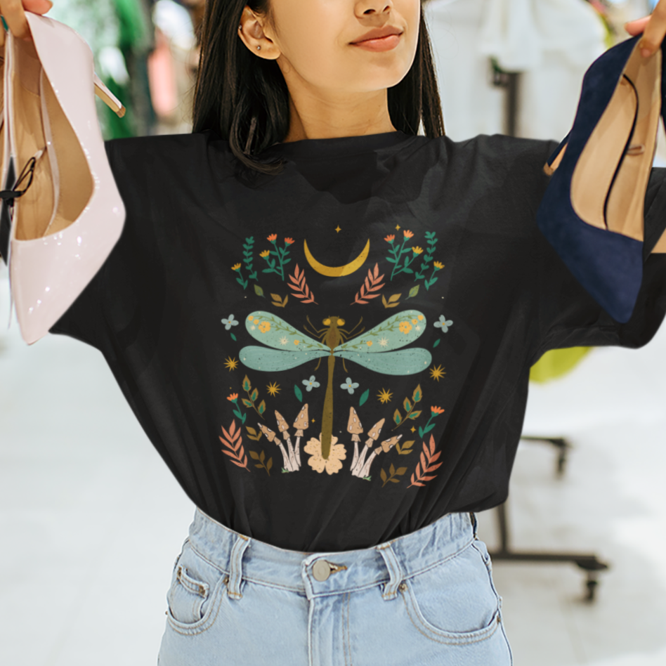 Retro Celestial Mystic Moon Botanical Cottagecore Dragonfly T-shirt for Women, Dragonfly Gifts for Insect Lover, Spiritual T Shirt For Women - Wonder Print Shop