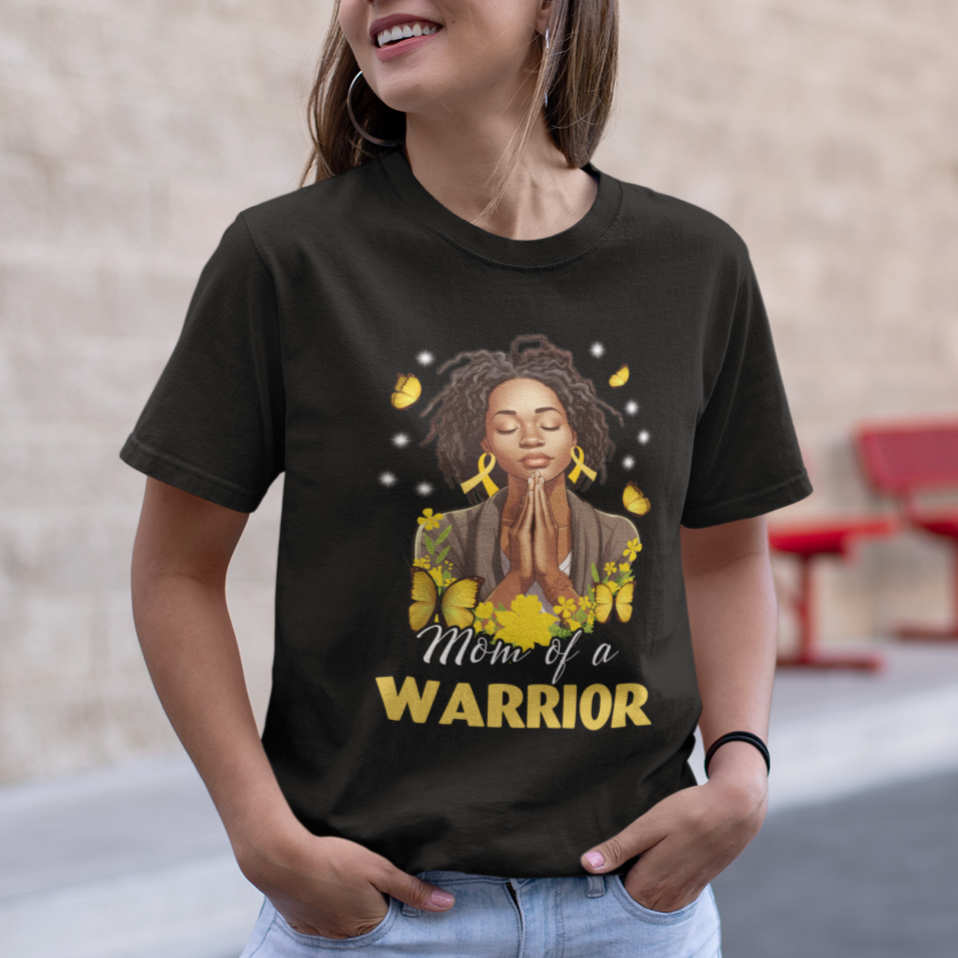 Childhood Cancer Awareness T Shirt Mom Of A Warrior Messy Bun Melanin Gold Ribbon Support Squad - Wonder Print Shop