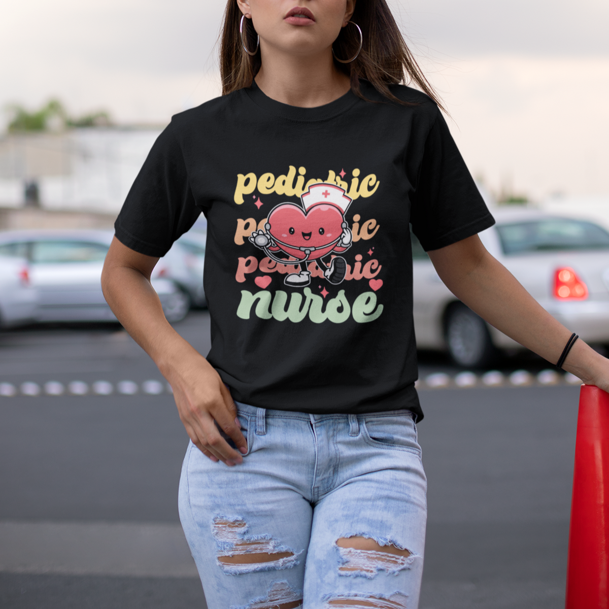 Valentine's Day T Shirt For Women Retro Pediatric Nurse Cute Heart Stethoscope - Wonder Print Shop