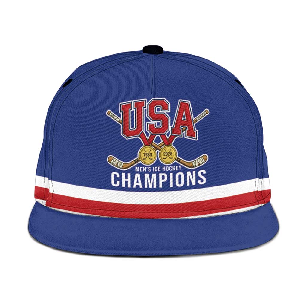United States Hockey 1980-2026 Gold Medal Snapback Cap Embroidery Effect Blue Style