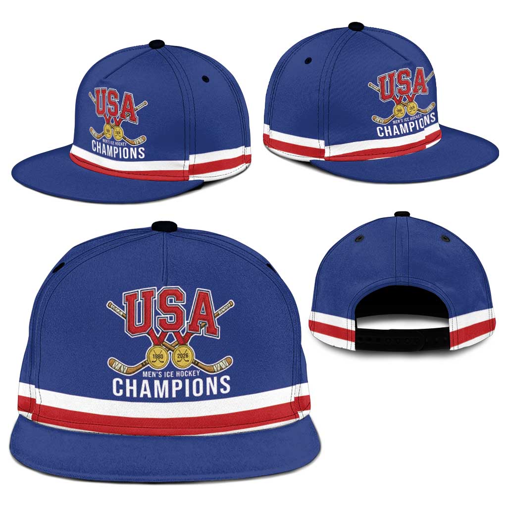 United States Hockey 1980-2026 Gold Medal Snapback Cap Embroidery Effect Blue Style
