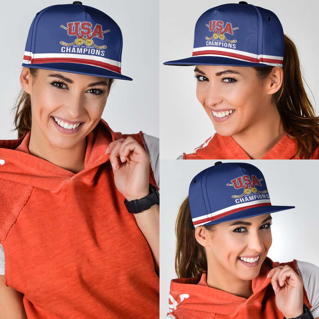 United States Hockey 1980-2026 Gold Medal Snapback Cap Embroidery Effect Blue Style