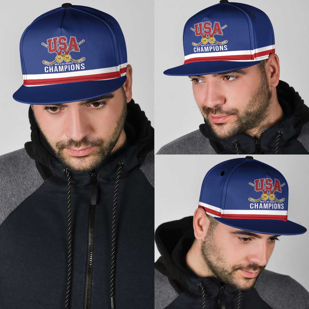 United States Hockey 1980-2026 Gold Medal Snapback Cap Embroidery Effect Blue Style