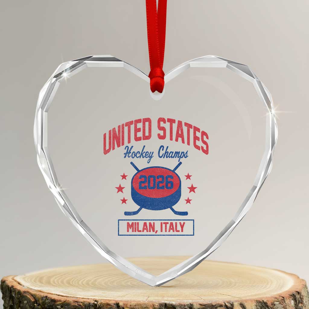 United States Hockey Champs 2026 Milan Italy Heart Crystal Glass Ornament Patriotic USA Gold Medal Winter Games Fan