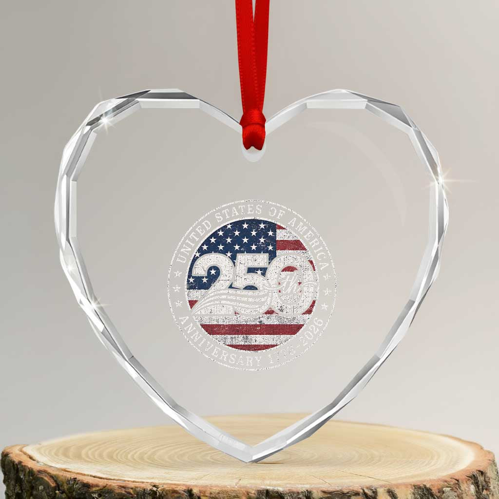 United States of America 250th Anniversary Vintage Seal Heart Crystal Glass Ornament Distressed American Flag 1776 to 2026 Semiquincentennial Patriotic
