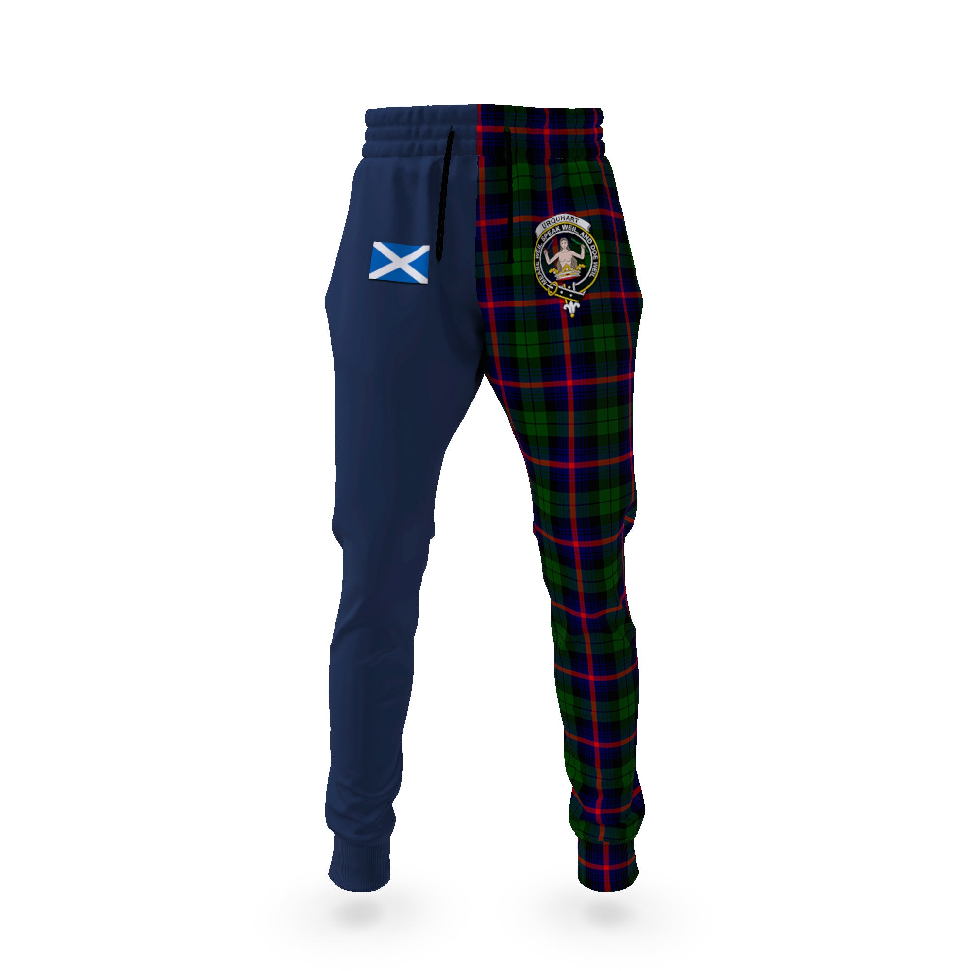 urquhart-modern-tartan-plaid-joggers-family-crest-tartan-joggers-with-scottish-flag-half-style