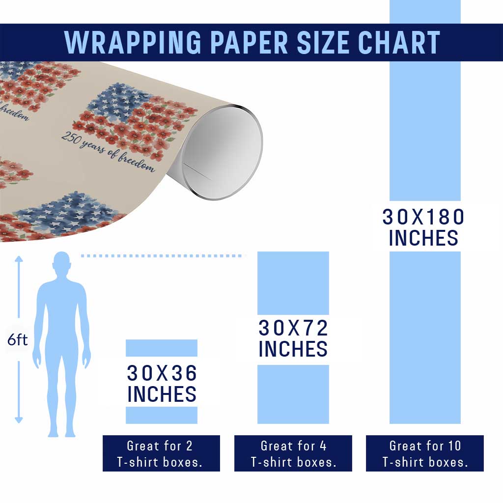 US 250 Years Of Freedom Wrapping Paper Roll Retro Flower American Flag