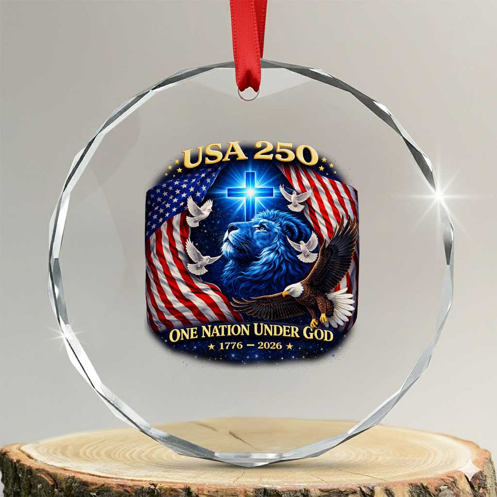 US 250th Anniversary Crystal Glass Ornament 250 Years One Nation Under God Christian Patriotic Cross USA Flag