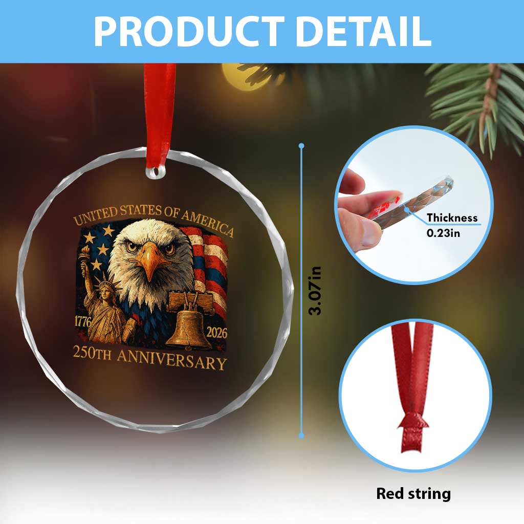 US 250th Anniversary Crystal Glass Ornament Retro Bald Eagle American Flag Patriotic Veterans TS10