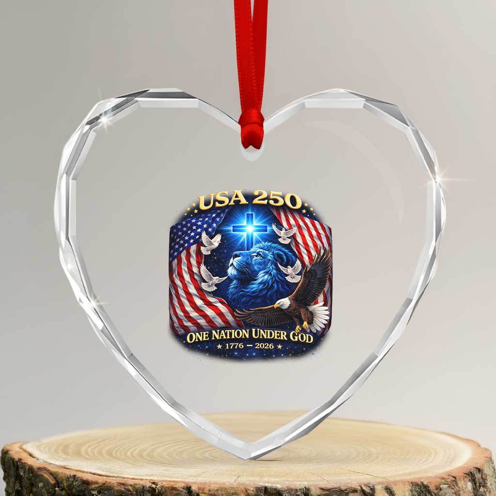 US 250th Anniversary Heart Crystal Glass Ornament 250 Years One Nation Under God Christian Patriotic Cross USA Flag