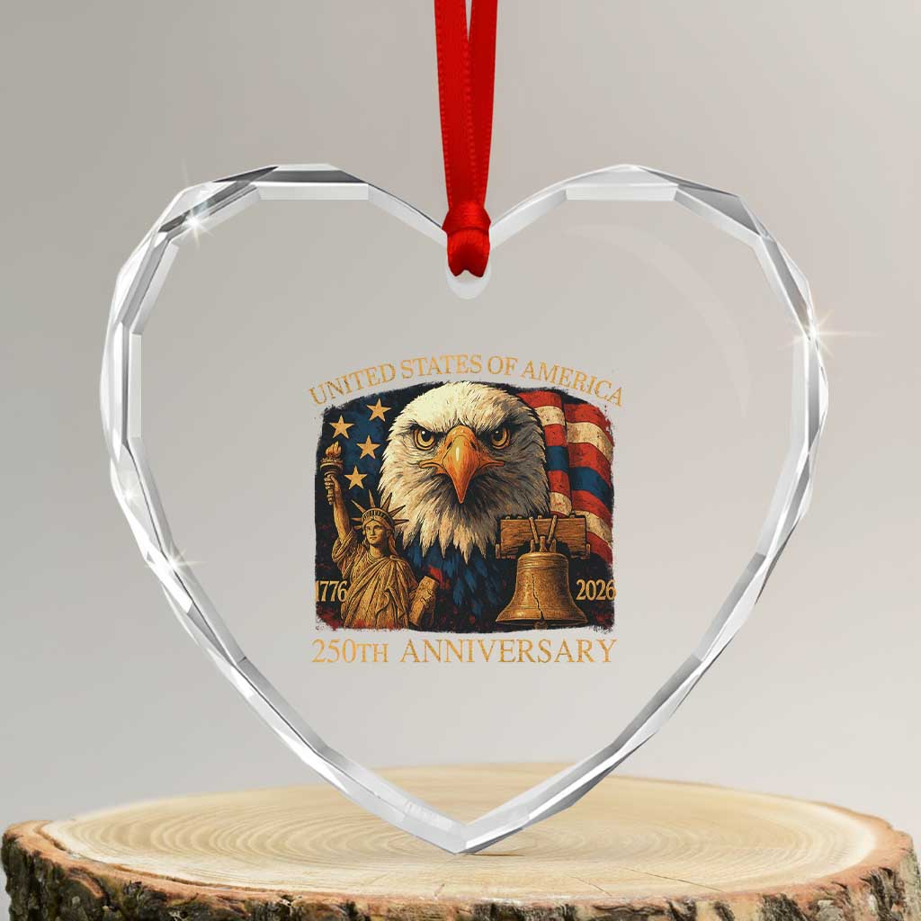 US 250th Anniversary Heart Crystal Glass Ornament Retro Bald Eagle American Flag Patriotic Veterans - Wonder Print Shop