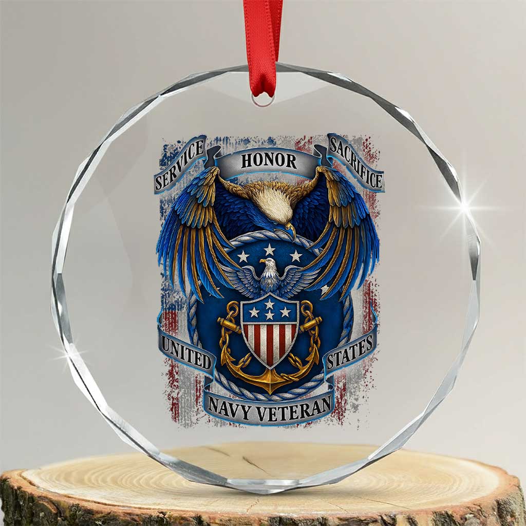 US Navy Veteran Service Honor Sacrifice Crystal Glass Ornament Vintage Bald Eagle American Flag Anchor - Wonder Print Shop