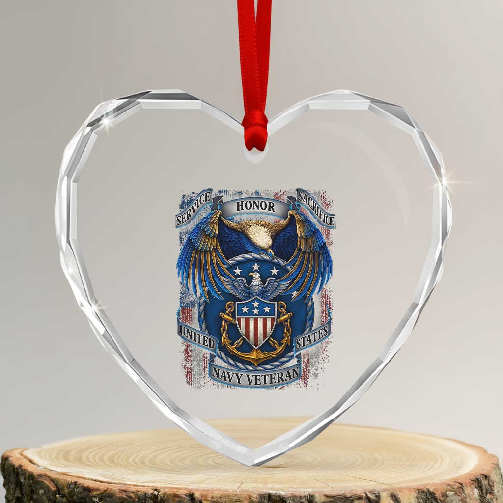 US Navy Veteran Service Honor Sacrifice Heart Crystal Glass Ornament Vintage Bald Eagle American Flag Anchor - Wonder Print Shop