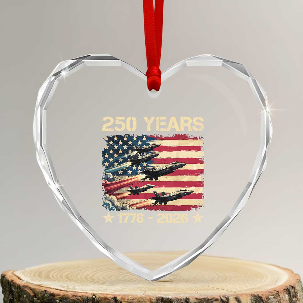 USA 250 Years 1776 2026 Patriotic Jets Trail American Flag Heart Crystal Glass Ornament