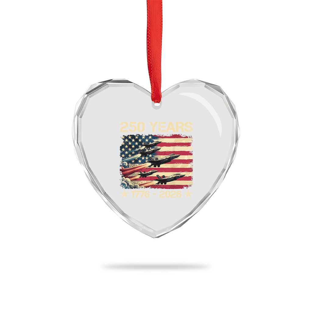USA 250 Years 1776 2026 Patriotic Jets Trail American Flag Heart Crystal Glass Ornament