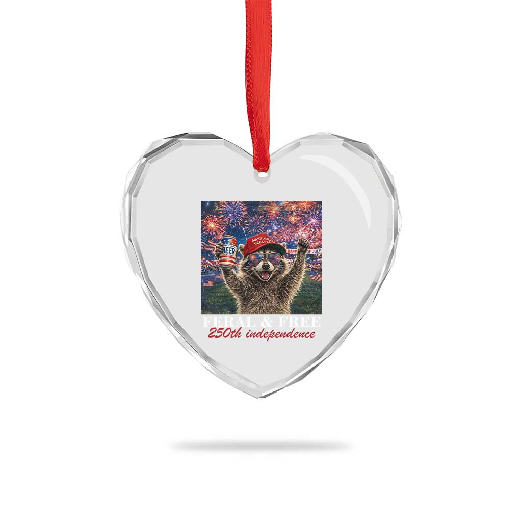 USA 250 Years Freedom Heart Crystal Glass Ornament Feral and Free Funny Raccoon Driking Beer 4th of July