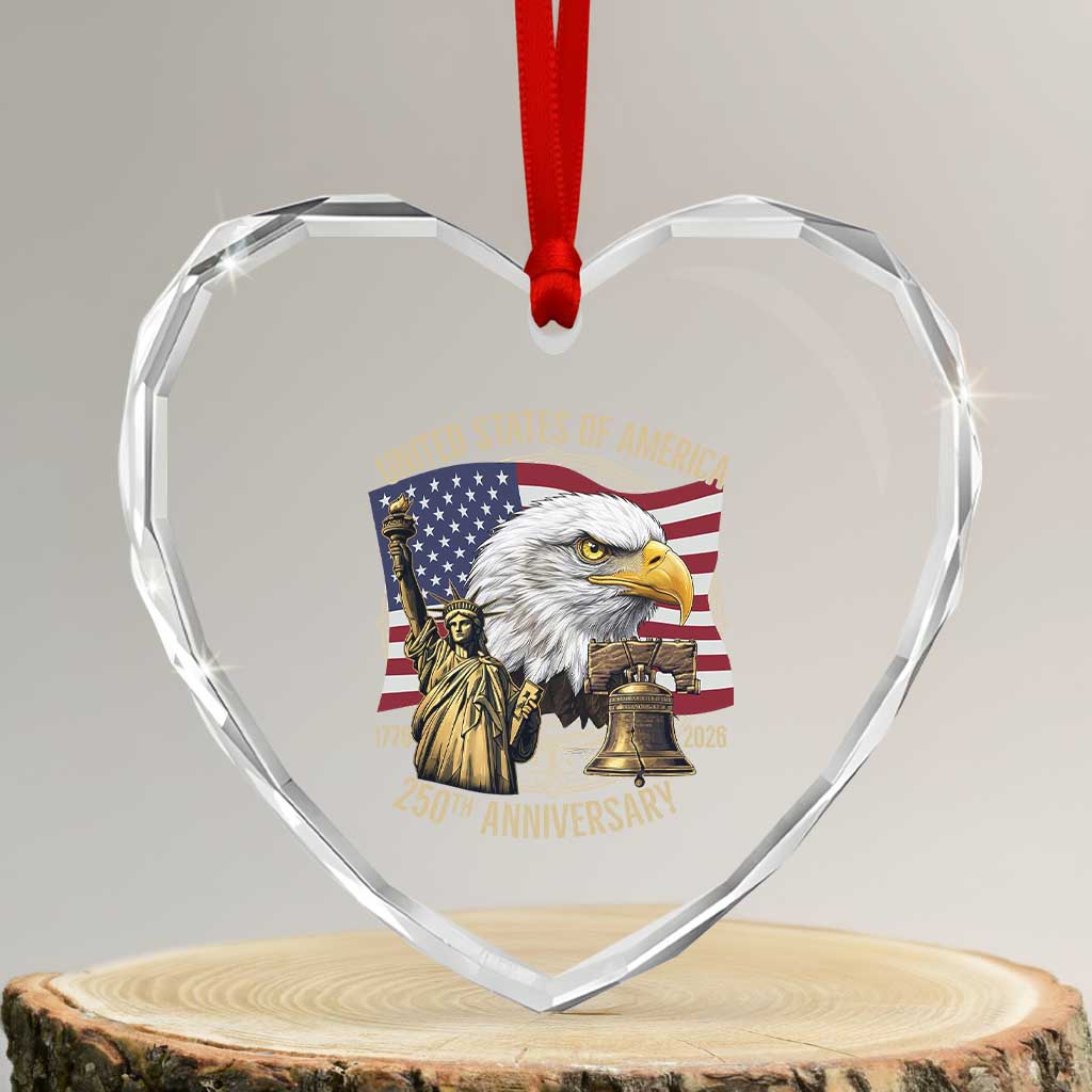 USA 250th Anniversary 1776 2026 4th of July Heart Crystal Glass Ornament Patriotic Eagle Liberty Bell Statue of Liberty Graphic