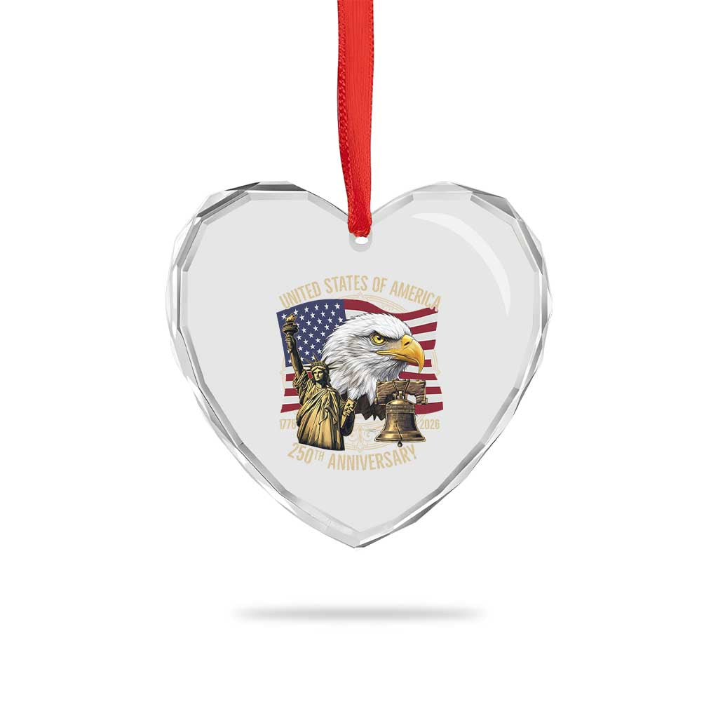 USA 250th Anniversary 1776 2026 4th of July Heart Crystal Glass Ornament Patriotic Eagle Liberty Bell Statue of Liberty Graphic