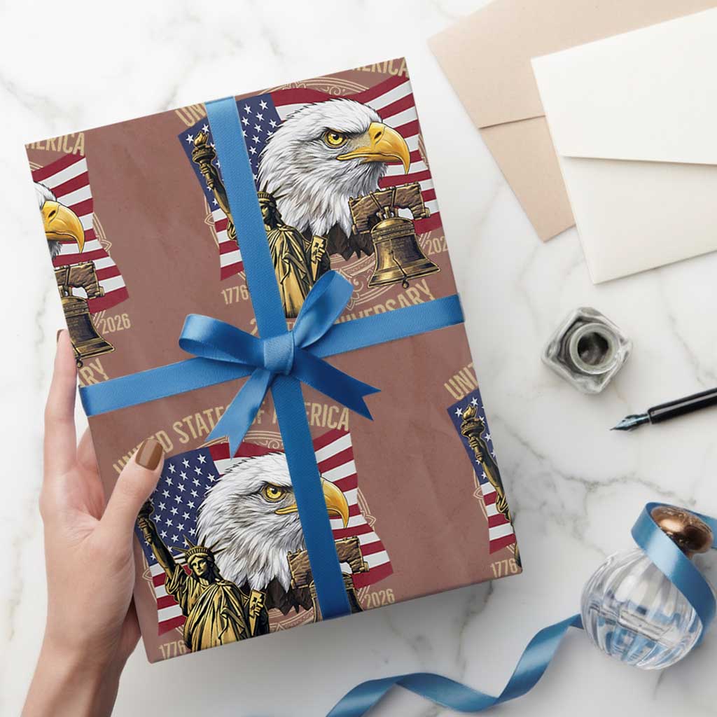 USA 250th Anniversary 1776 2026 4th of July Wrapping Paper Roll Patriotic Eagle Liberty Bell Statue of Liberty Graphic