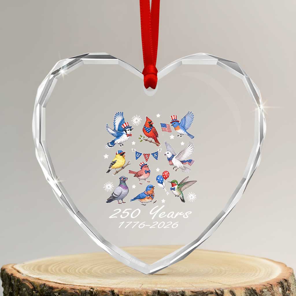 USA 250th Anniversary Bird Heart Crystal Glass Ornament Patriotic American Birds Independence Day Birdwatchers Birders