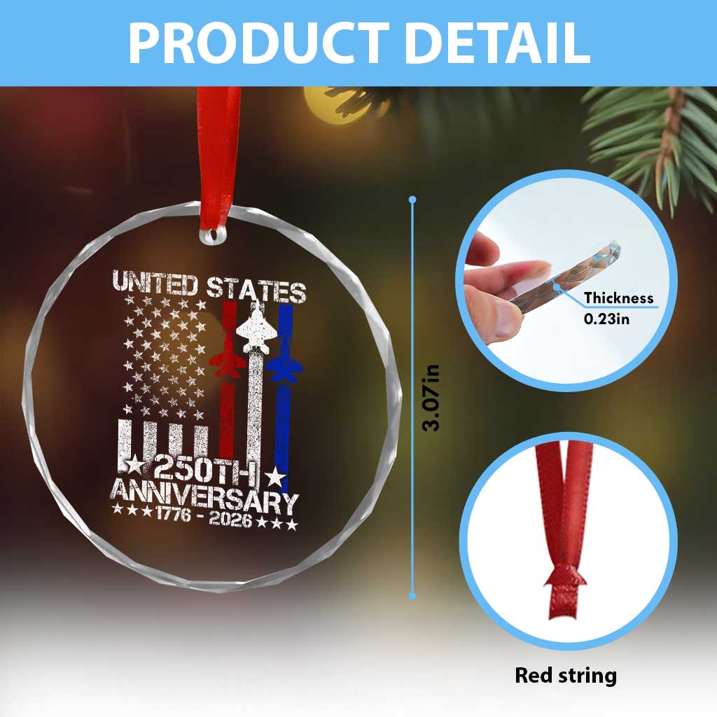 USA 250th Anniversary Crystal Glass Ornament Vintage American Flag Jets Semiquincentennial