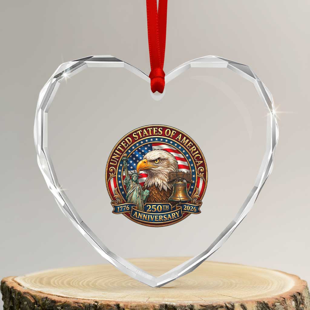 USA 250th Anniversary Emblem 1776 2026 Heart Crystal Glass Ornament Patriotic Seal with Bald Eagle Liberty Bell Statue of Liberty