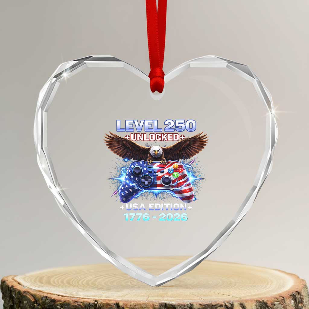 USA 250th Anniversary Gamer Heart Crystal Glass Ornament Level 250 USA Edition 1776 2026 Bald Eagle