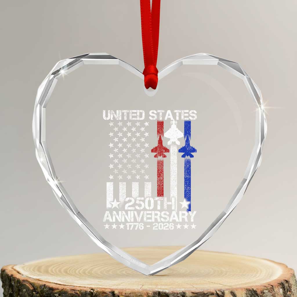USA 250th Anniversary Heart Crystal Glass Ornament Vintage American Flag Jets Semiquincentennial