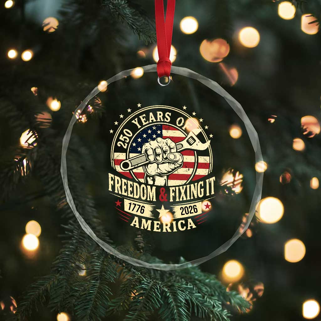 USA 250th Anniversary Patriotic Mechanic Crystal Glass Ornament Freedom And Fixing It