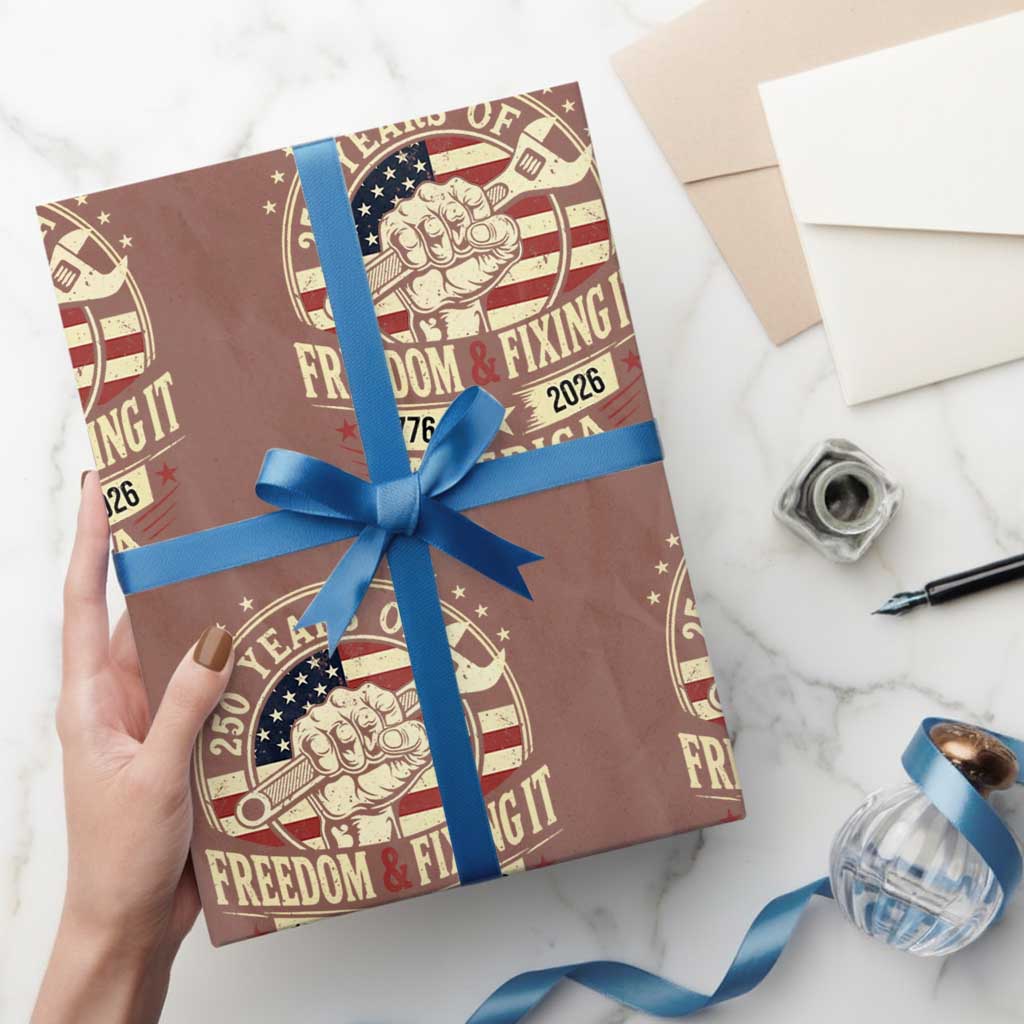 USA 250th Anniversary Patriotic Mechanic Wrapping Paper Roll Freedom And Fixing It