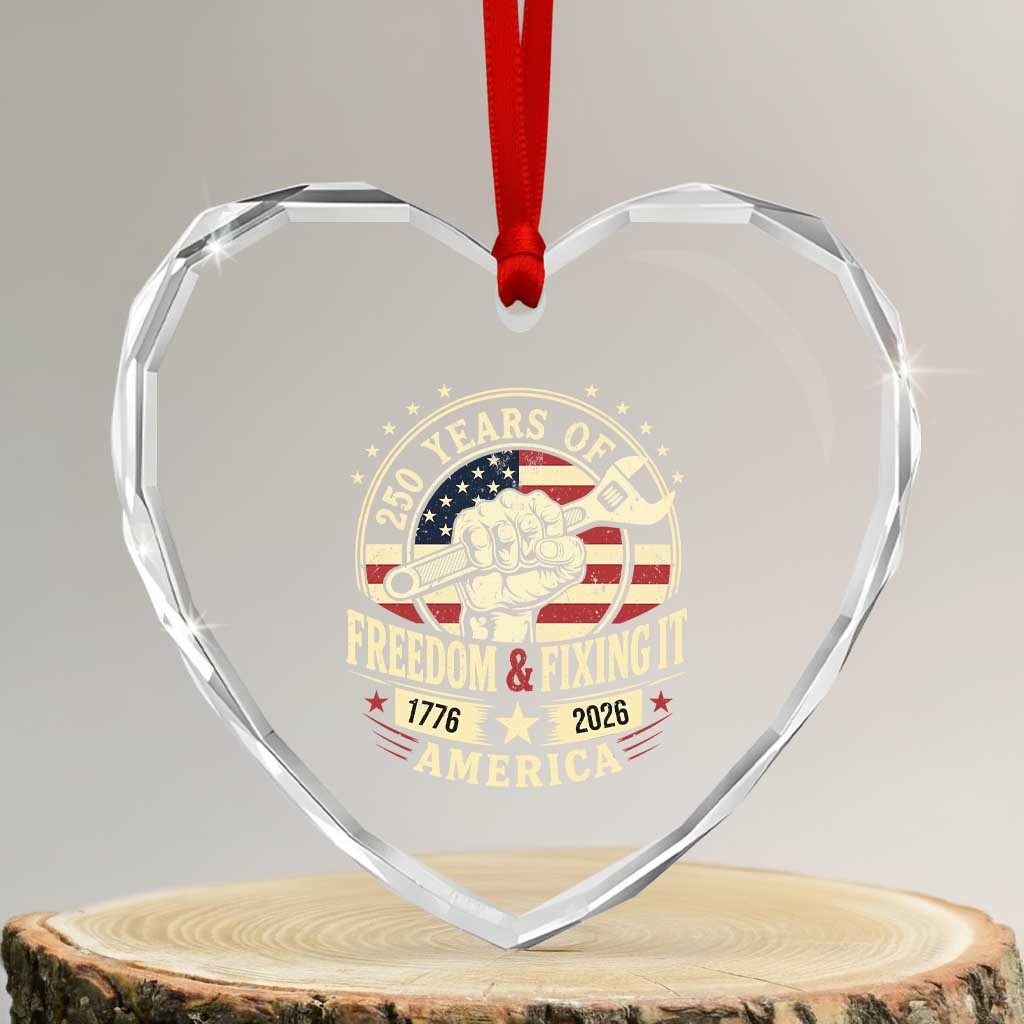 USA 250th Anniversary Patriotic Mechanic Heart Crystal Glass Ornament Freedom And Fixing It