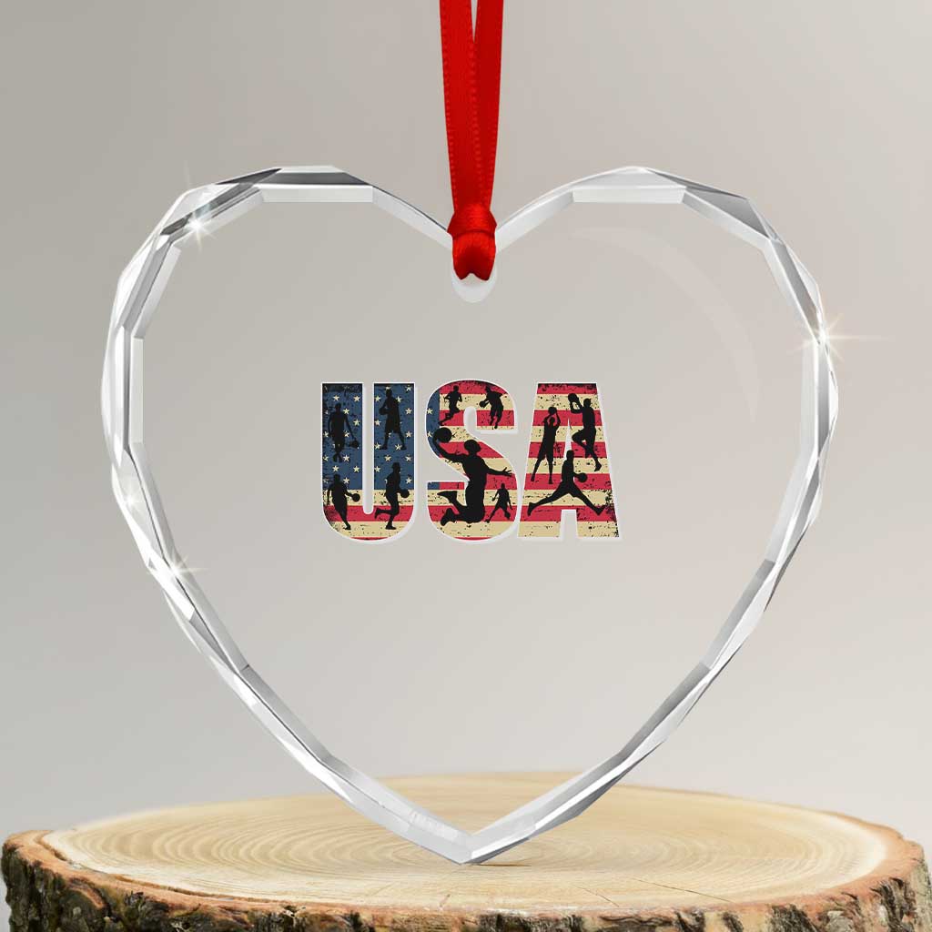 USA American Flag Basketball Heart Crystal Glass Ornament For Sports Enthusiast - Wonder Print Shop
