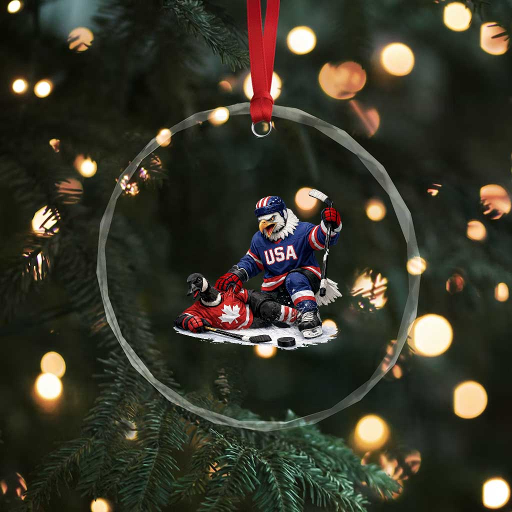 USA Eagle Vs Canada Loon Rivalry Graphic Crystal Glass Ornament Funny Sports Fan Ice Hockey Game Day Supporter