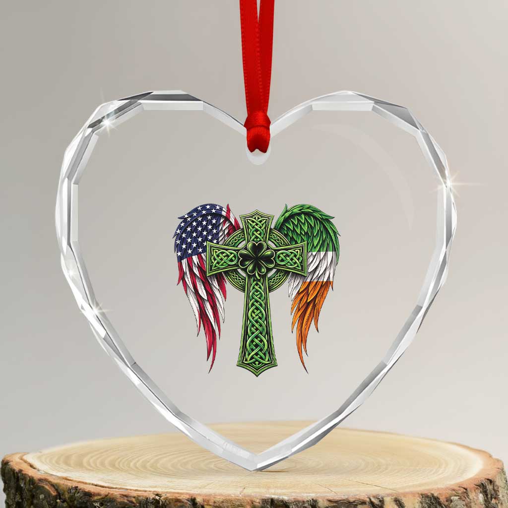 USA Flag Celtic Cross Irish American Heart Crystal Glass Ornament St Patricks Day Gift