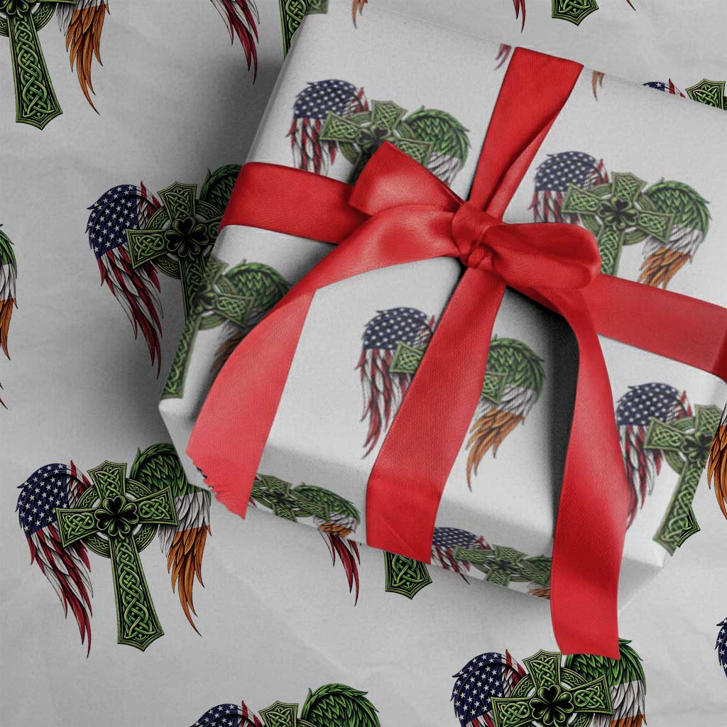 USA Flag Celtic Cross Irish American Wrapping Paper Roll St Patricks Day Gift