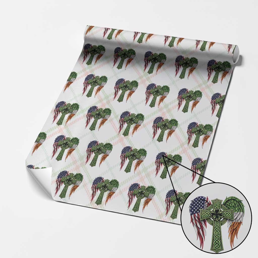 USA Flag Celtic Cross Irish American Wrapping Paper Roll St Patricks Day Gift