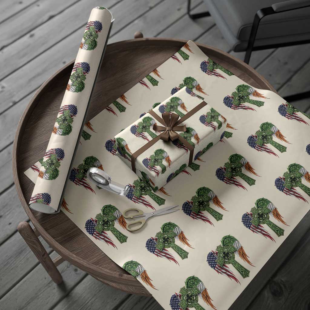 USA Flag Celtic Cross Irish American Wrapping Paper Roll St Patricks Day Gift
