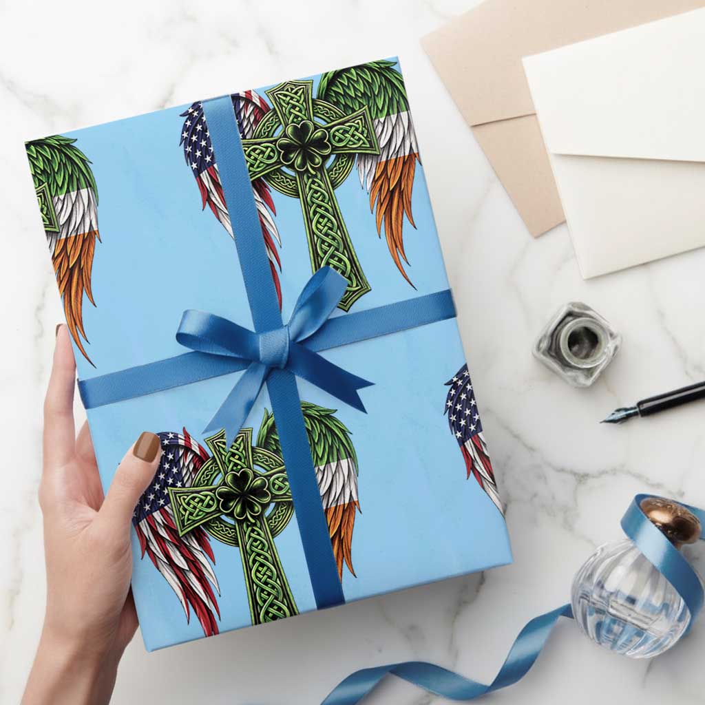 USA Flag Celtic Cross Irish American Wrapping Paper Roll St Patricks Day Gift