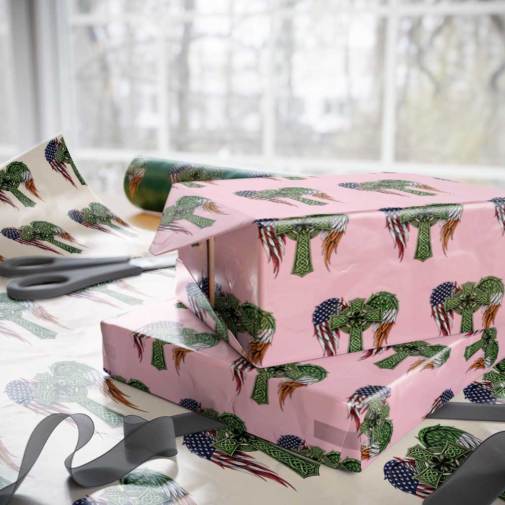 USA Flag Celtic Cross Irish American Wrapping Paper Roll St Patricks Day Gift