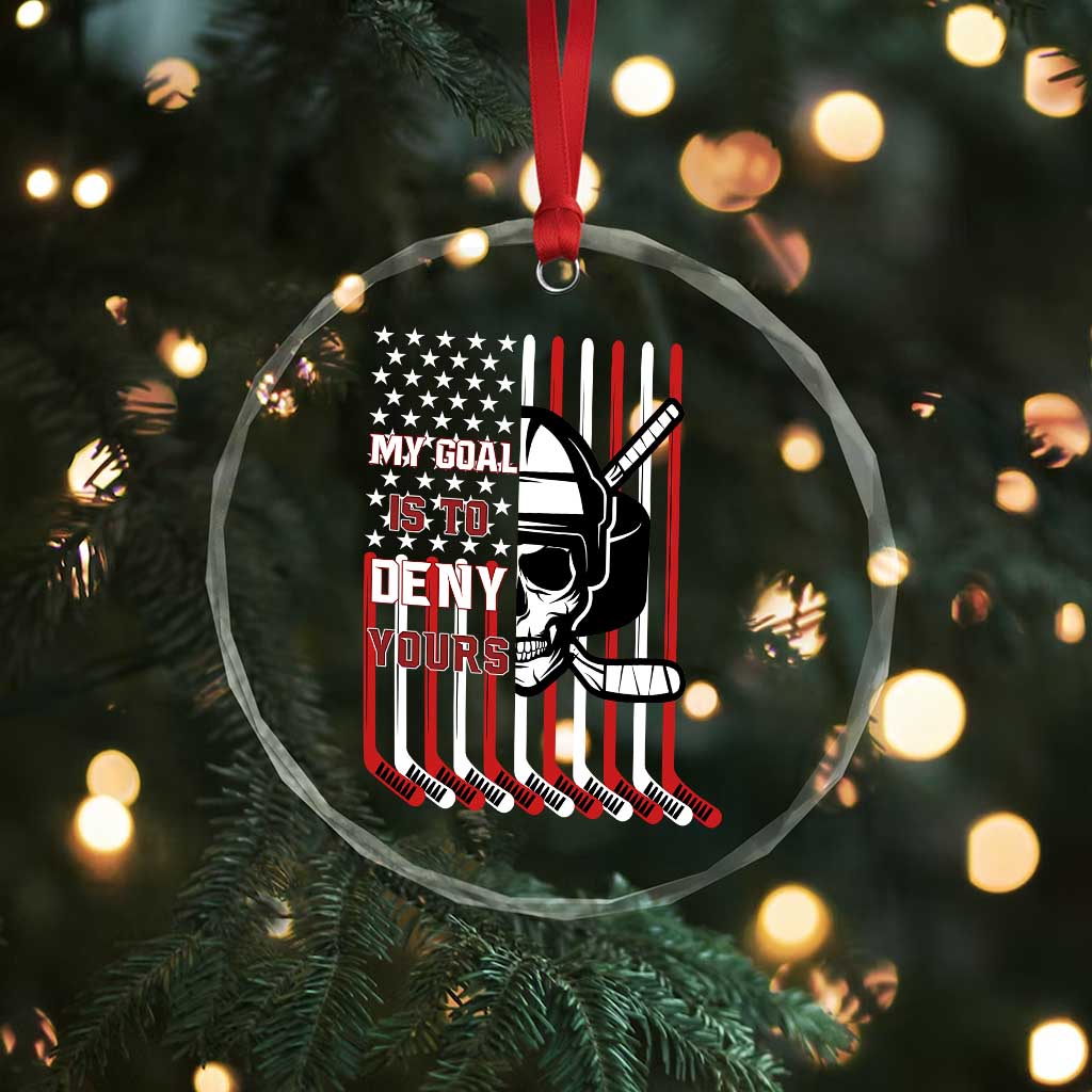 USA Flag Hockey Crystal Glass Ornament Skull Player My Goal Is To Deny Yours - Wonder Print Shop
