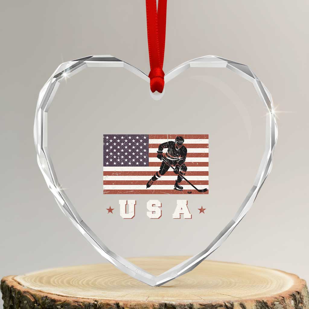 USA Flag Hockey Heart Crystal Glass Ornament Patriotic Ice Hockey Player Retro Vintage - Wonder Print Shop
