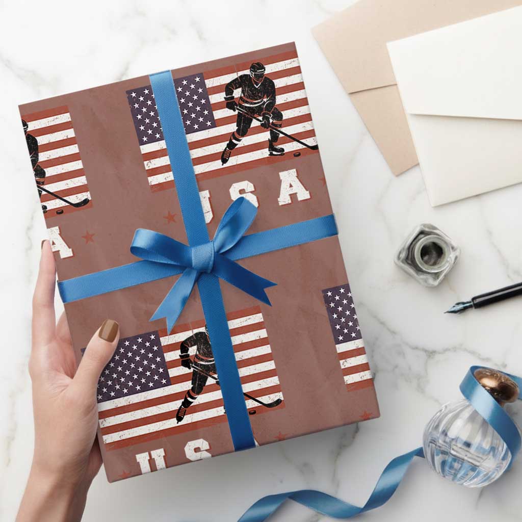 USA Flag Hockey Wrapping Paper Roll Patriotic Ice Hockey Player Retro Vintage - Wonder Print Shop