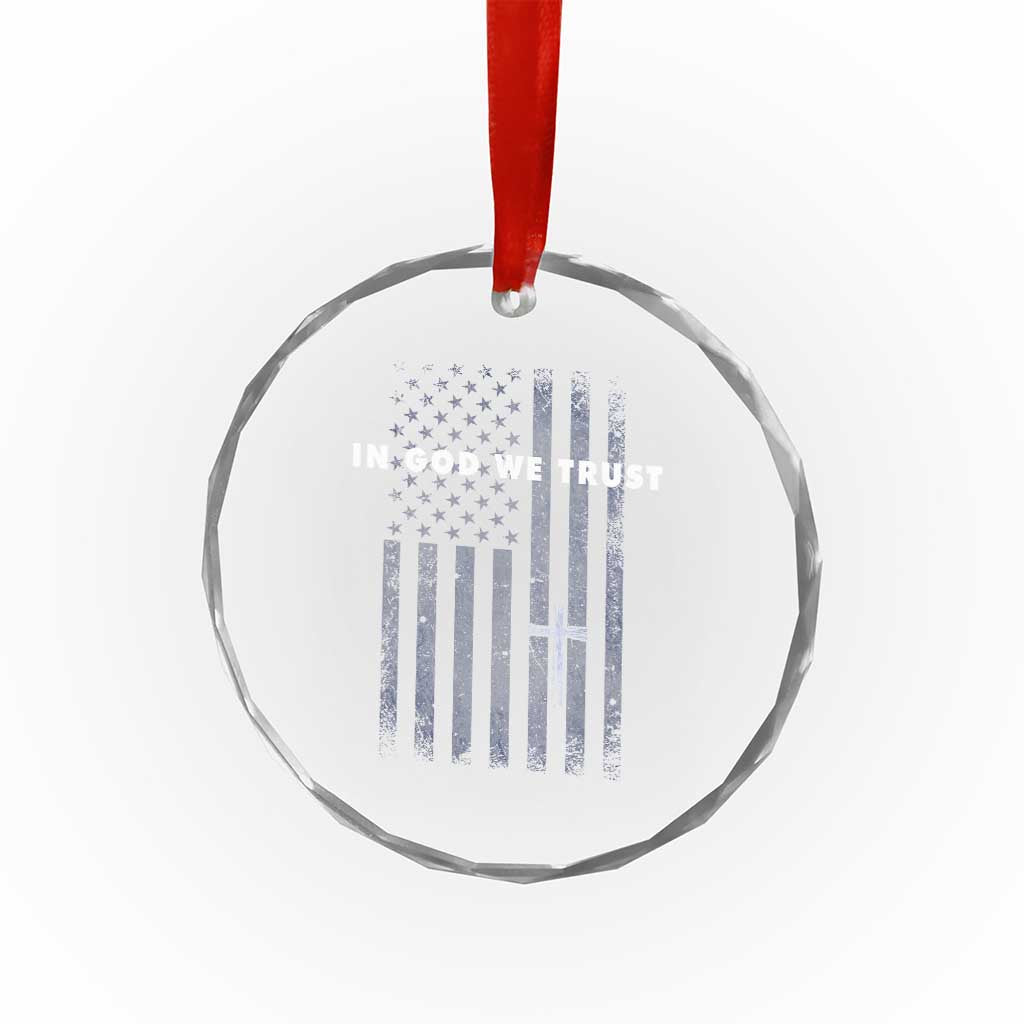 USA Flag Religious Quote Crystal Glass Ornament In God We Trust American Patriotic Faith 4th of July Cross