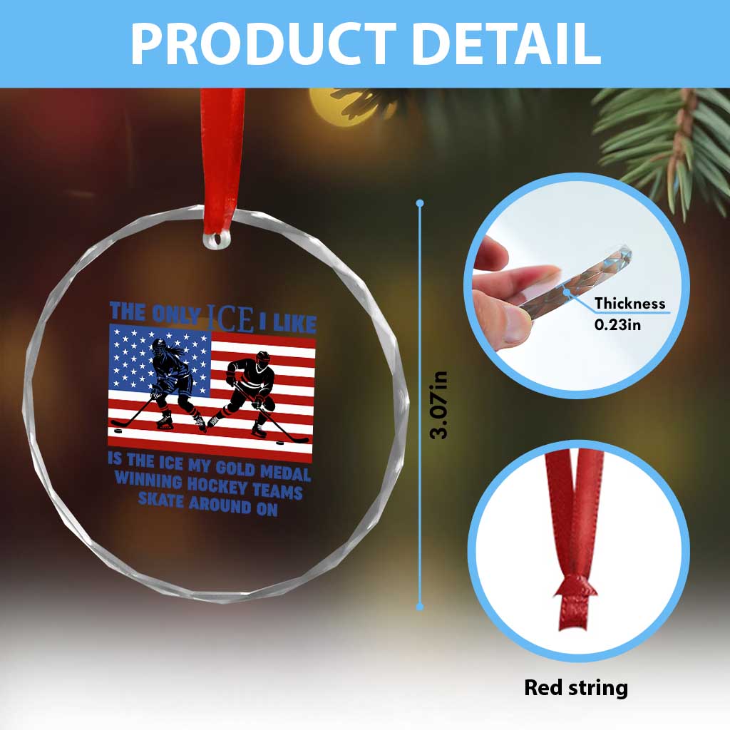 USA Gold Medal Hockey Patriotic American Flag Crystal Glass Ornament The Only Ice I Like Champions