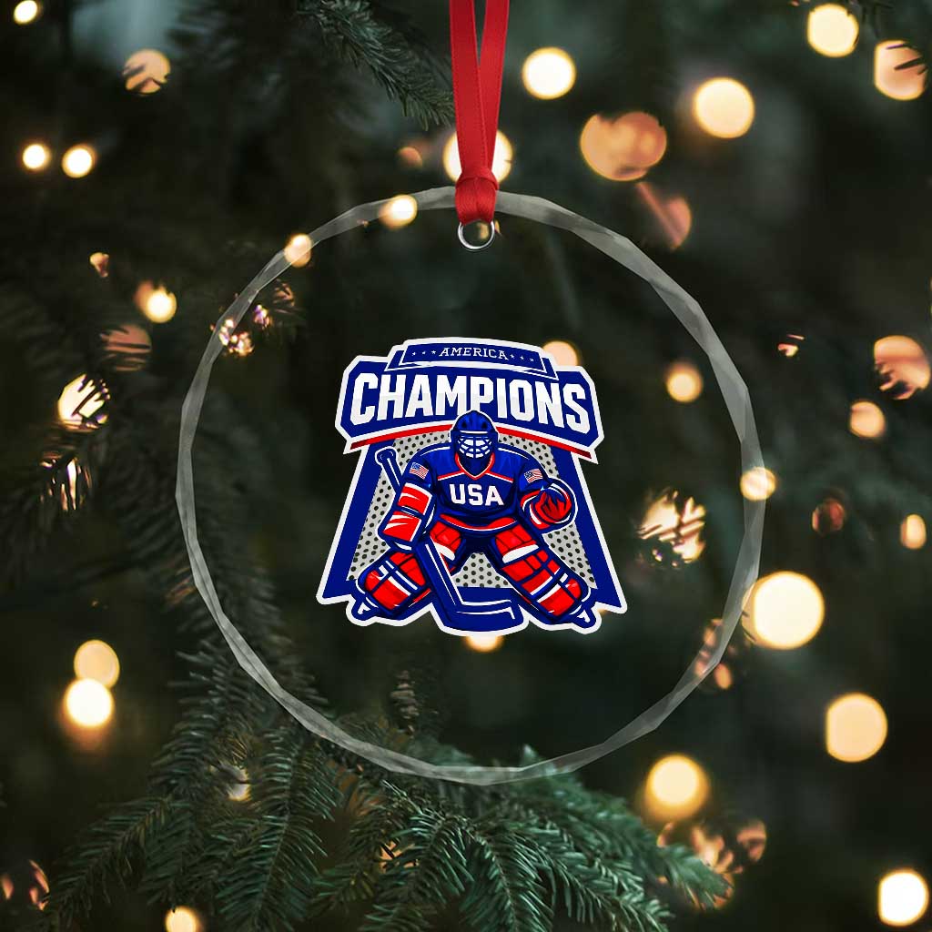 USA Ice Hockey Crystal Glass Ornament America Champions Patriotic Ice Hockey Team Fan