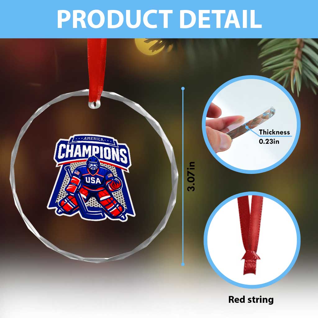 USA Ice Hockey Crystal Glass Ornament America Champions Patriotic Ice Hockey Team Fan