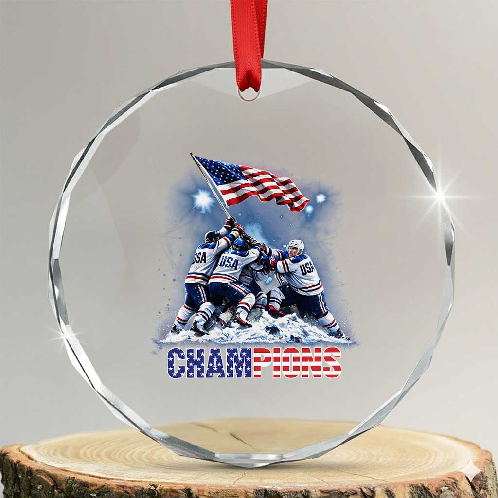 USA Ice Hockey Crystal Glass Ornament Hockey Champions 2026 USA Players Raising Flag On Ice