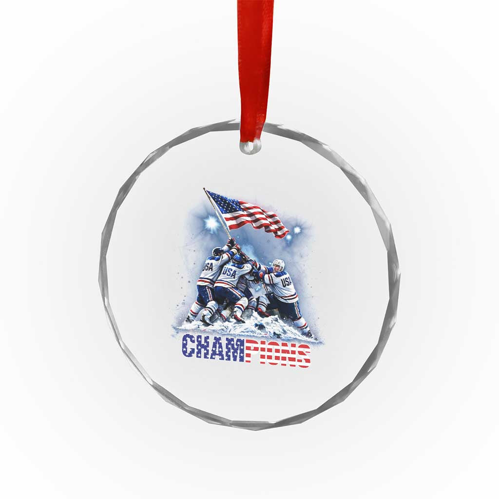 USA Ice Hockey Crystal Glass Ornament Hockey Champions 2026 USA Players Raising Flag On Ice